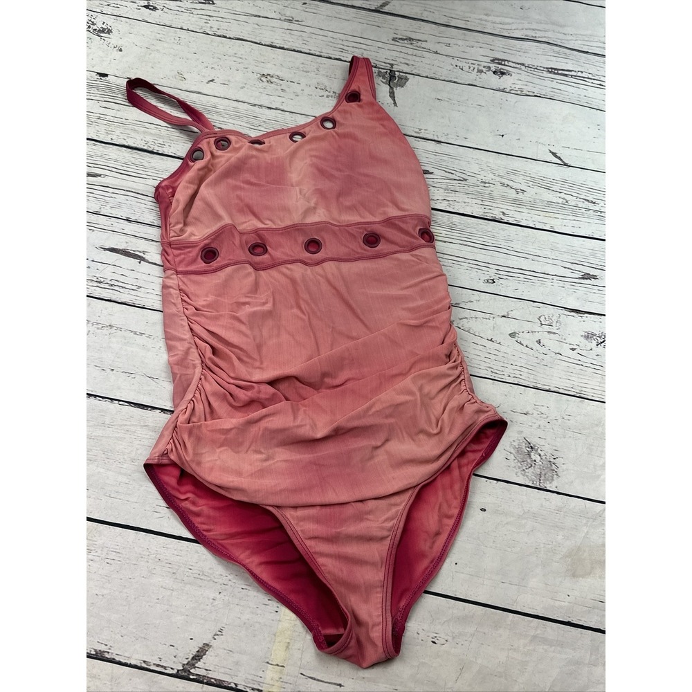 Nicole Miller Studio One Piece Swimsuit Rose Pink Grommet Ruched Size 8